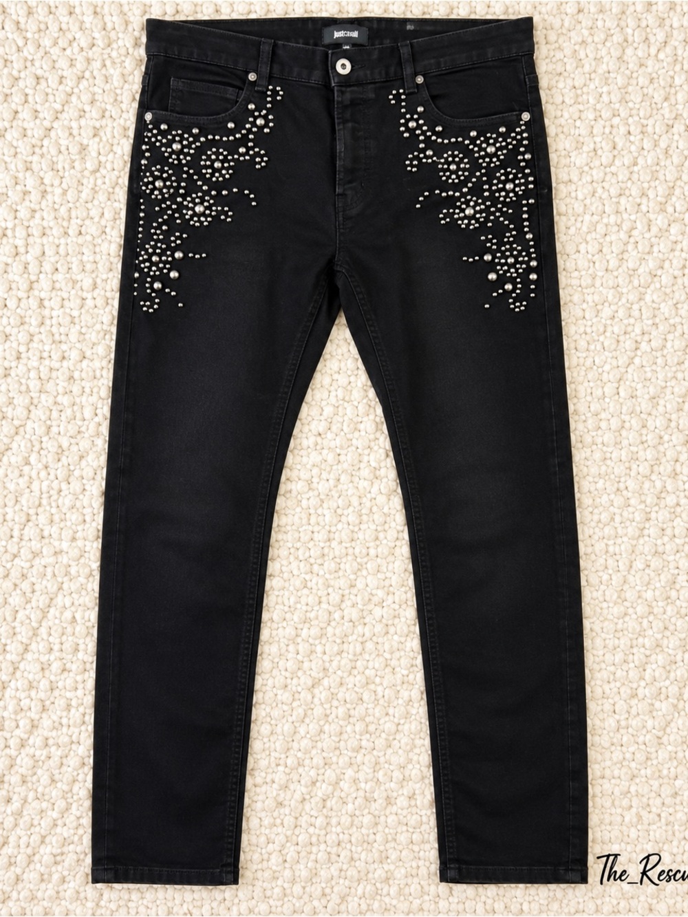 Just Cavalli Jeans Mens 33 Black Silver Studded Slim Skinny Button Fly